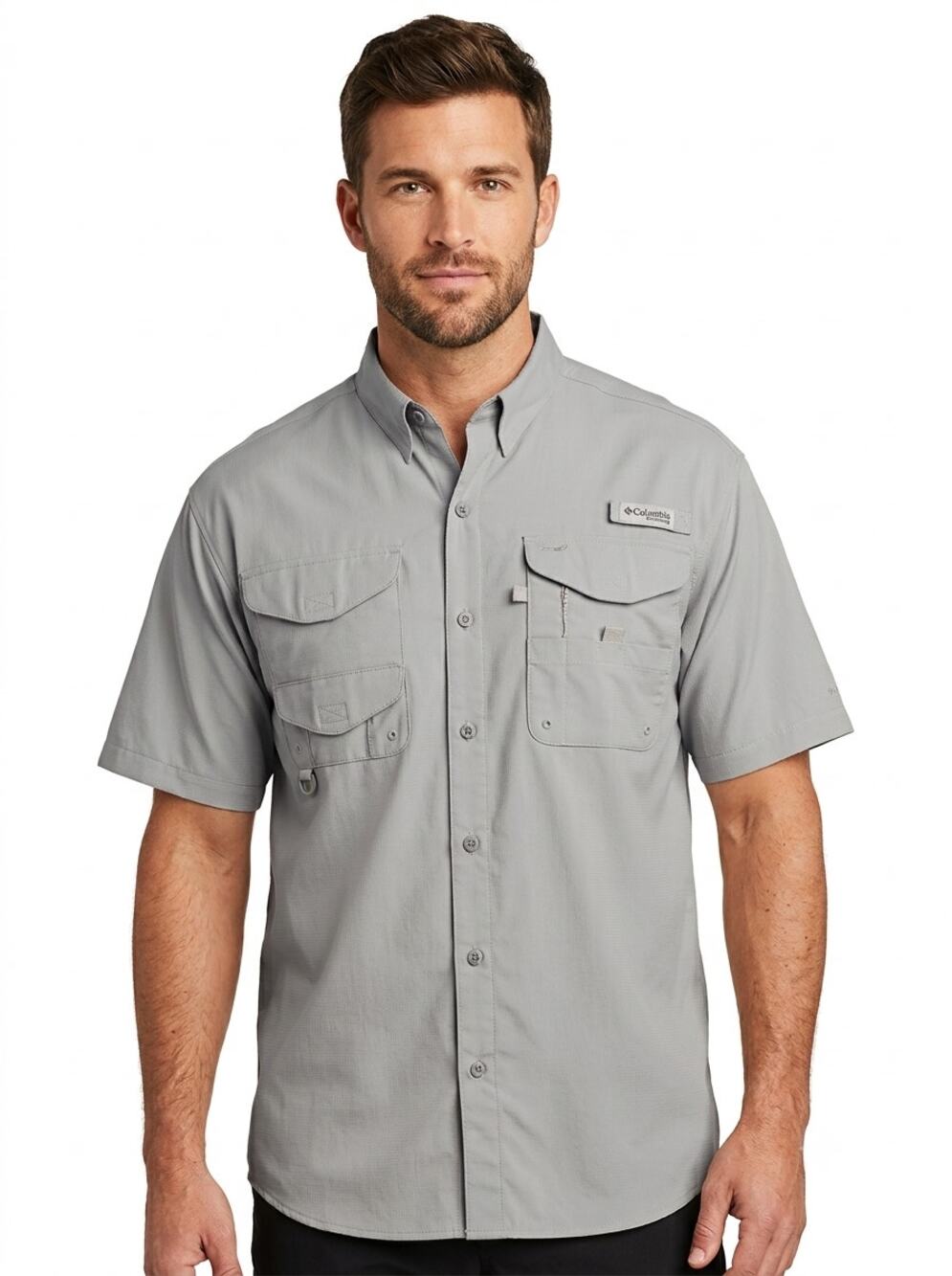 Columbia PFG Bonehead Shirt Mens L Gray Button Up Full Boat Fishing Embroidered